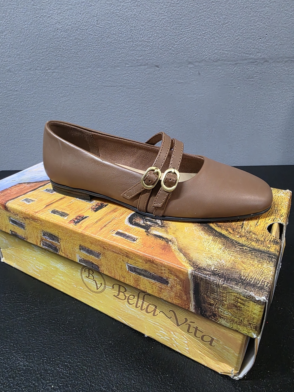 Bella Vita Tan Leather Double-Strap Loafer Flat with Gold Buckles